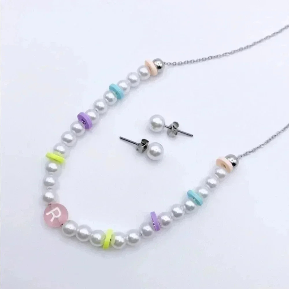 Pearl and colorful beaded necklace |Gold plated | Dainty Necklace| Custom Letter